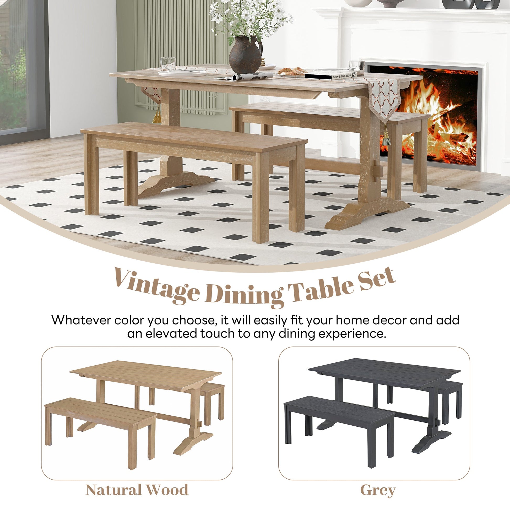 TREXM 3-piece retro dining table, rectangular stand table, and 2 4-person wooden stools (made of natural wood) - Korvel
