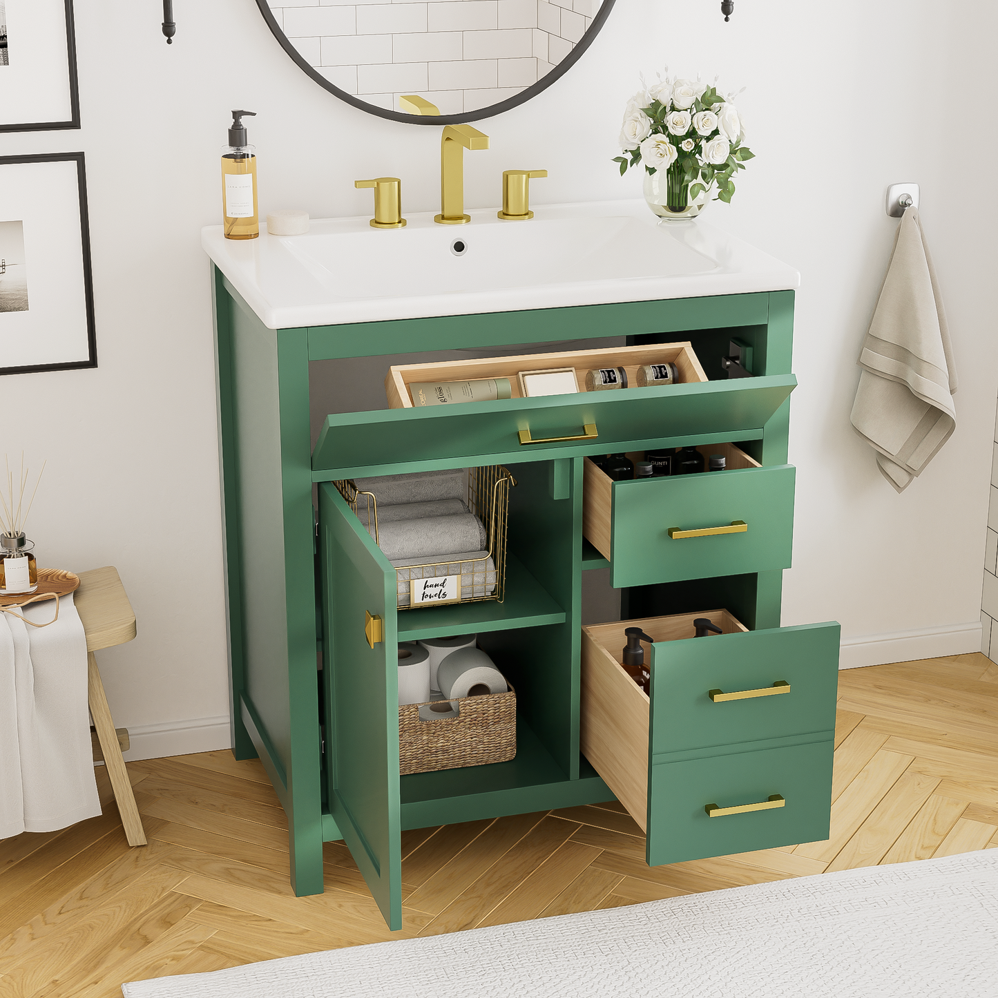 30-Inch Green Bathroom Vanity with Ceramic Sink