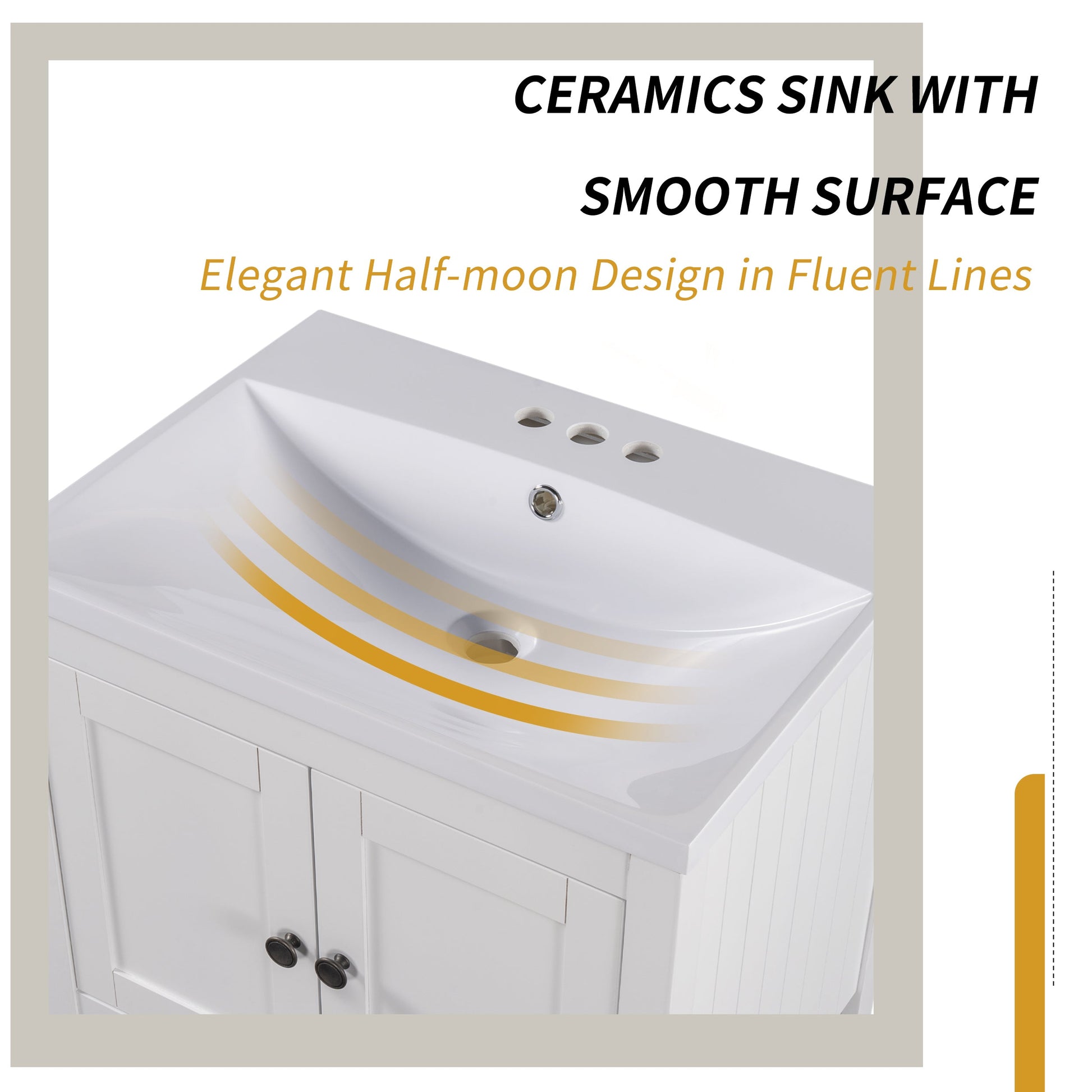 24" White Modern Sleek Bathroom Vanity Elegant Ceramic Sink with Solid Wood Frame Open Style Shelf - Korvel