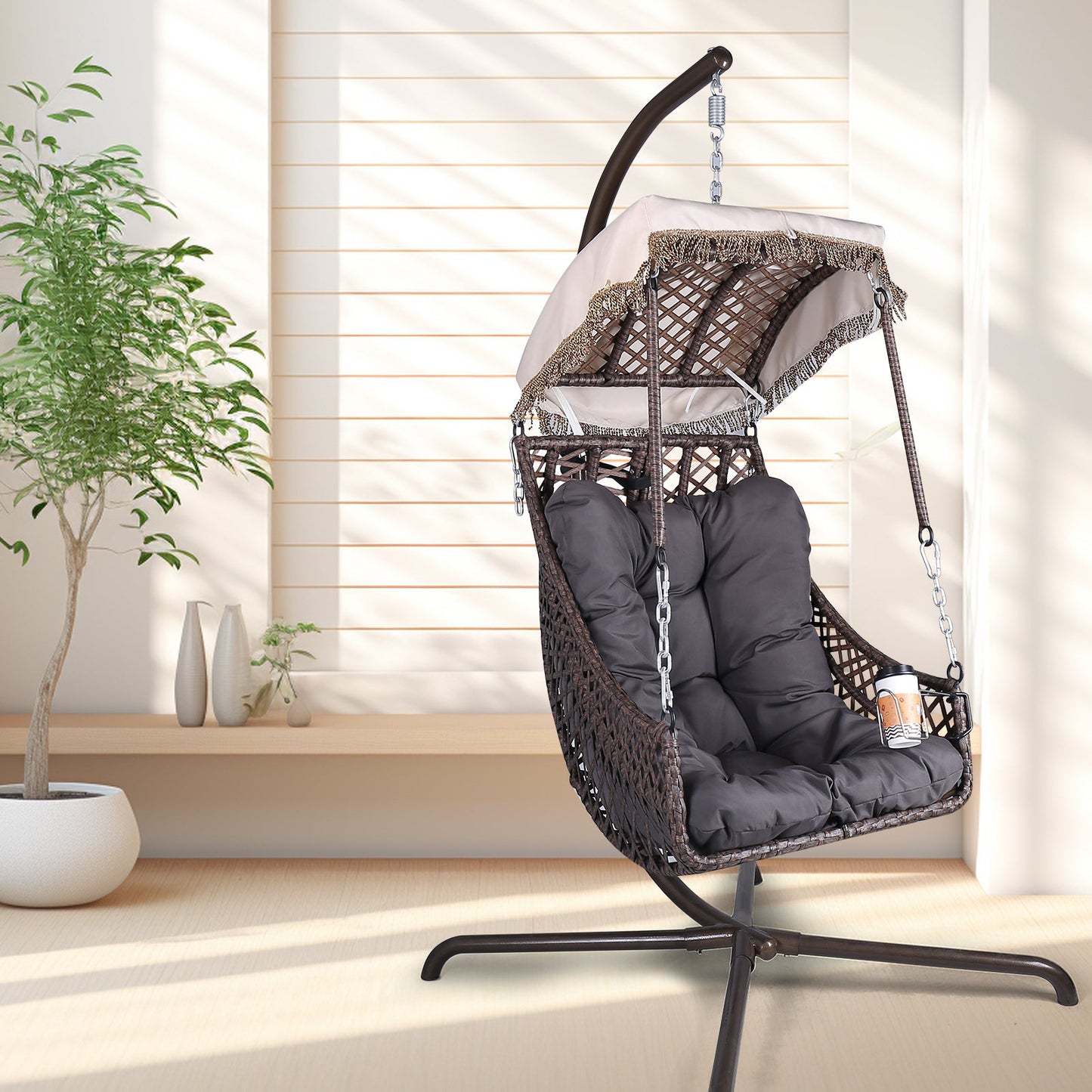 Swing Egg Chair with Stand Indoor Outdoor Wicker Rattan Frame 350lbs Capacity Hammock Chair - Korvel
