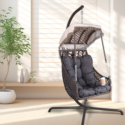 Swing Egg Chair with Stand Indoor Outdoor Wicker Rattan Frame 350lbs Capacity Hammock Chair - Korvel