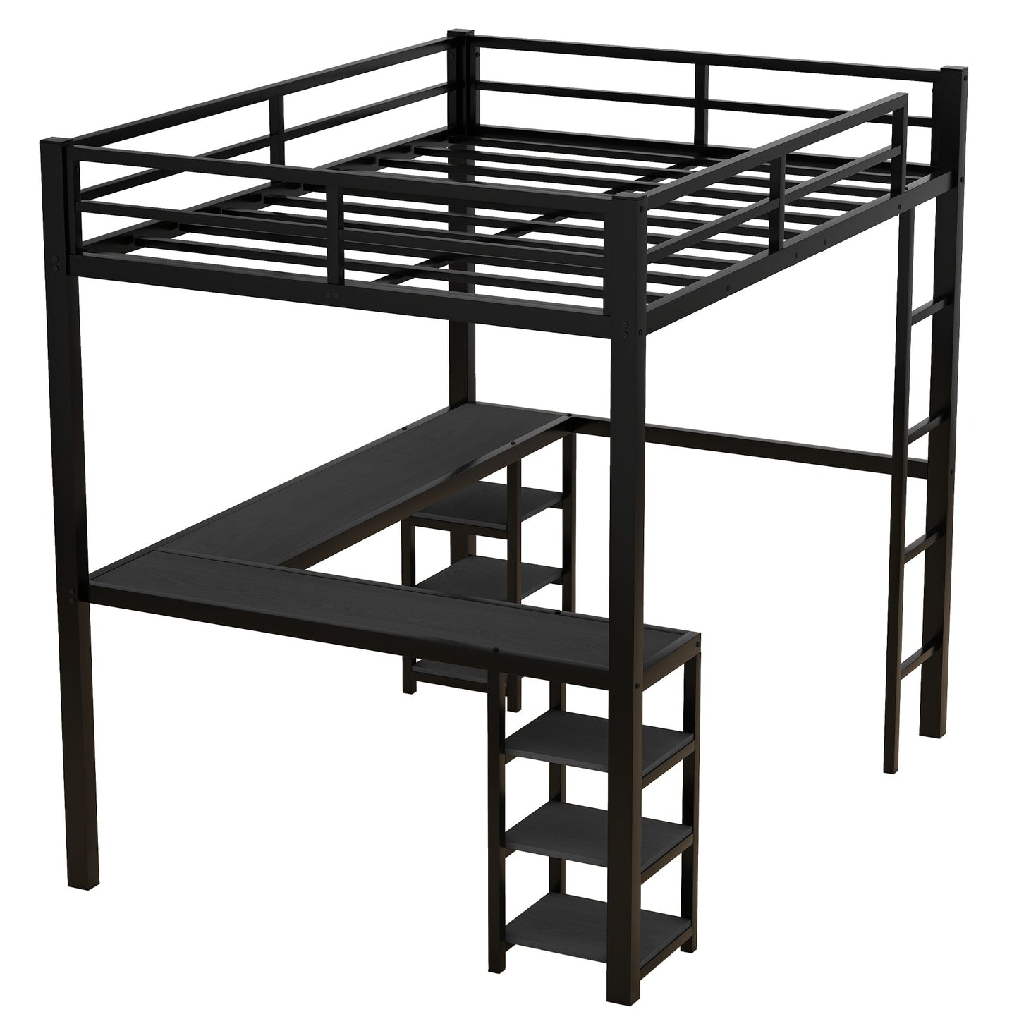 Cama loft de metal negro premium con escritorio y estantes
