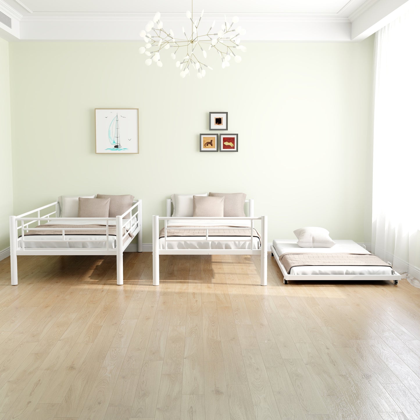 Cama litera resistente de dos camas individuales con cama nido - Blanca