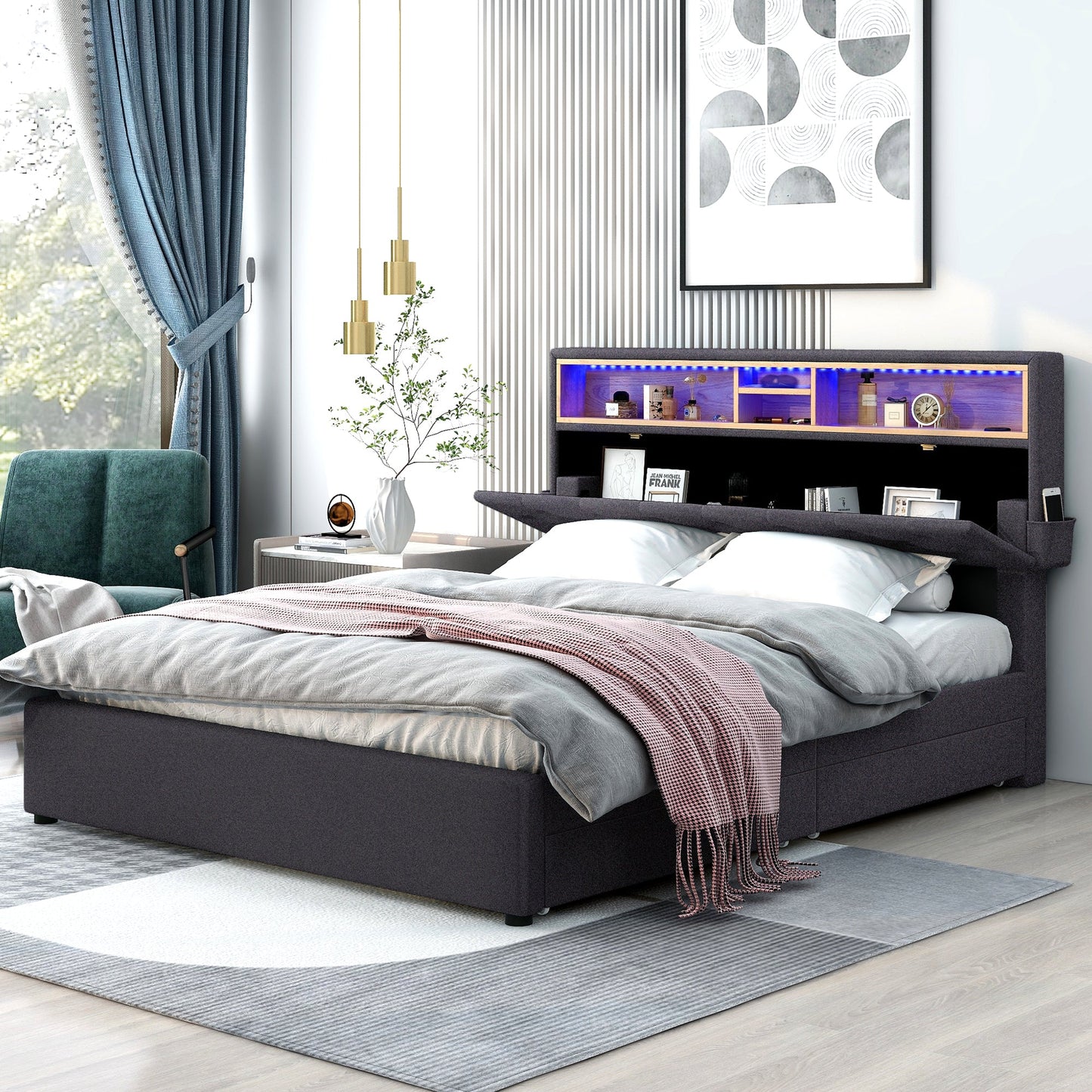 Queen Size Upholstered Platform Bed with Storage & LED, Dark Gray