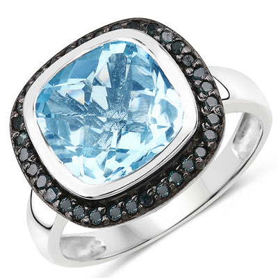 5.23 Carat Swiss Blue Topaz & Black Diamond Sterling Silver Ring