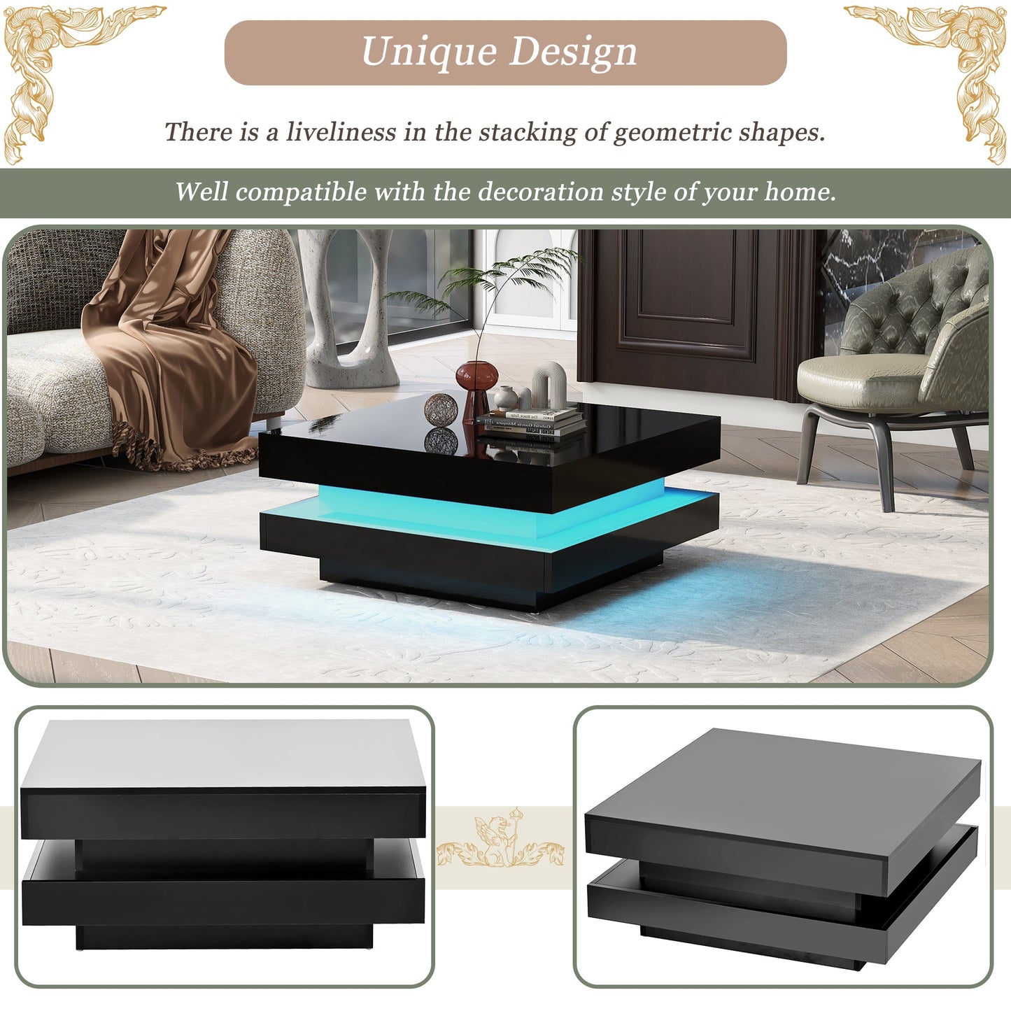 ON-TREND High Gloss Minimalist Design with LED Lights 2-Tier Square Coffee Table Black - Korvel