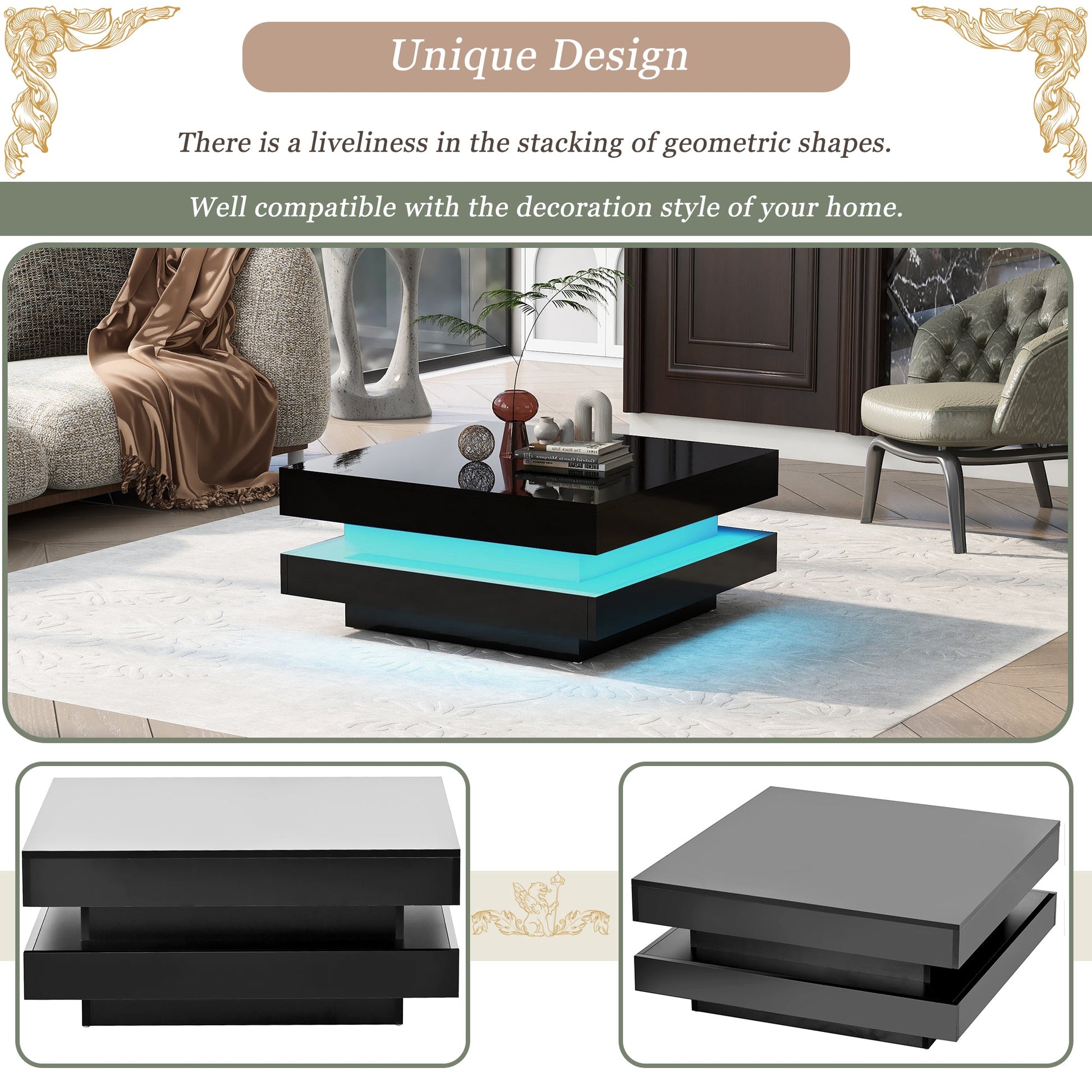 ON-TREND High Gloss Minimalist Design with LED Lights 2-Tier Square Coffee Table Black - Korvel