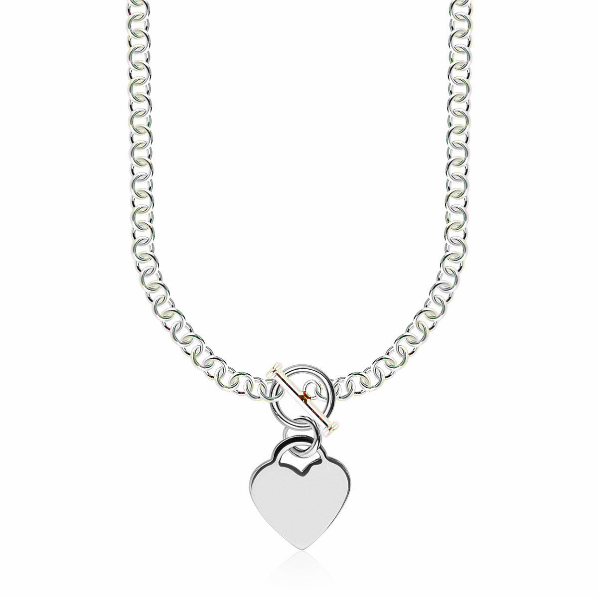 Collar de Cadena Rolo de Plata de Ley Baño de Rodio con Charm de Corazón