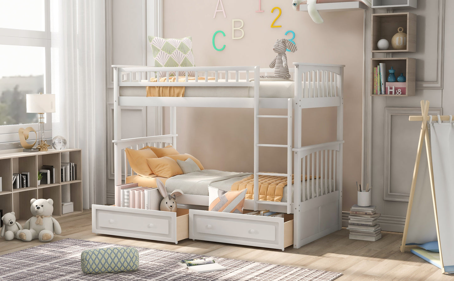 Cama litera de dos camas individuales con cajones - Blanca convertible