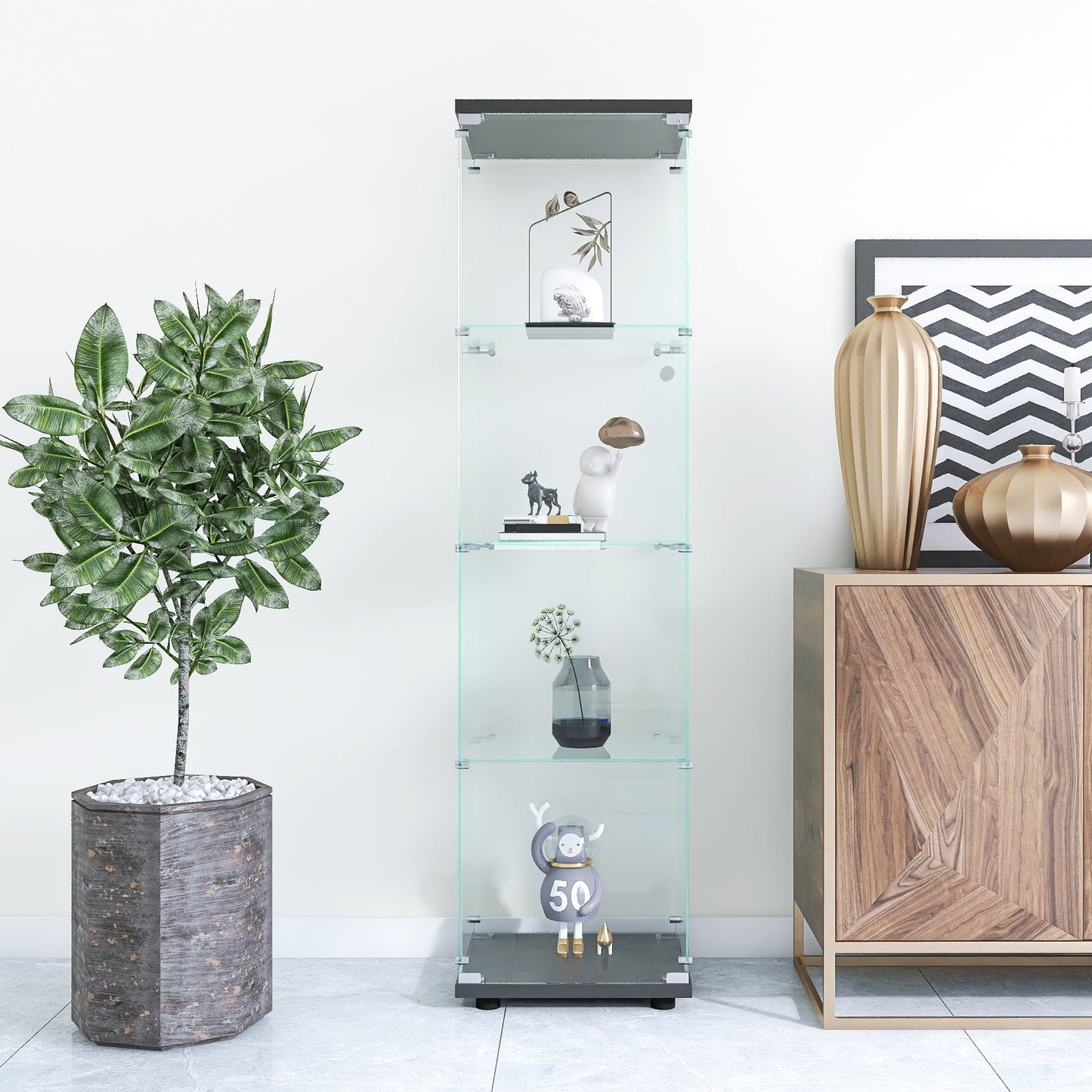 Elegante vitrina de vidrio negro con estantes de puerta