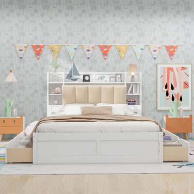Wood Queen Size Platform Bed with Storage Headboard  Shelves and 4 Drawers  White - Korvel