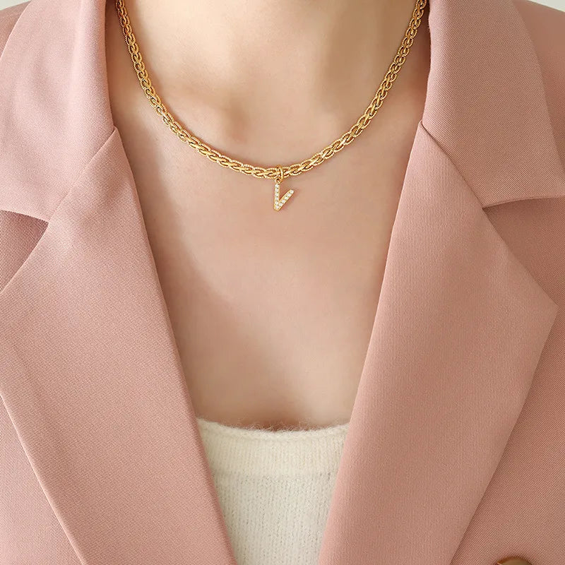 Brass Inlaid Zircon Letter Pendant Necklace - Korvel
