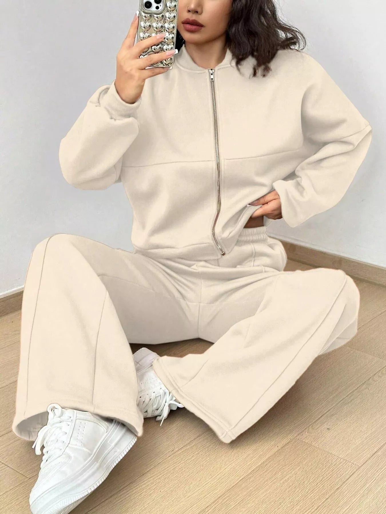 Ensemble de Veste Zippée en Couleur Unie et Pantalons à Jambes Larges