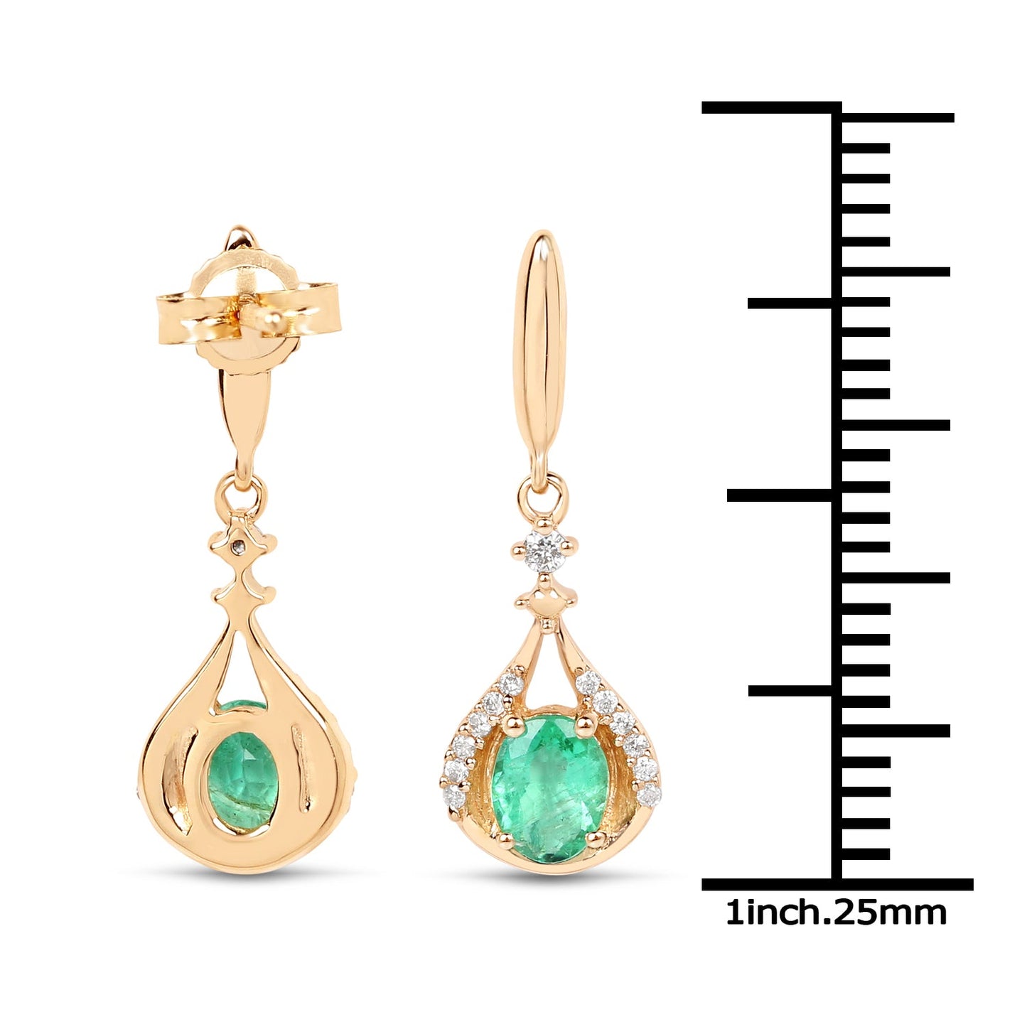 Pendientes de Esmeralda Zambiana y Diamante de 0.70 Quilates en Oro Amarillo de 14K
