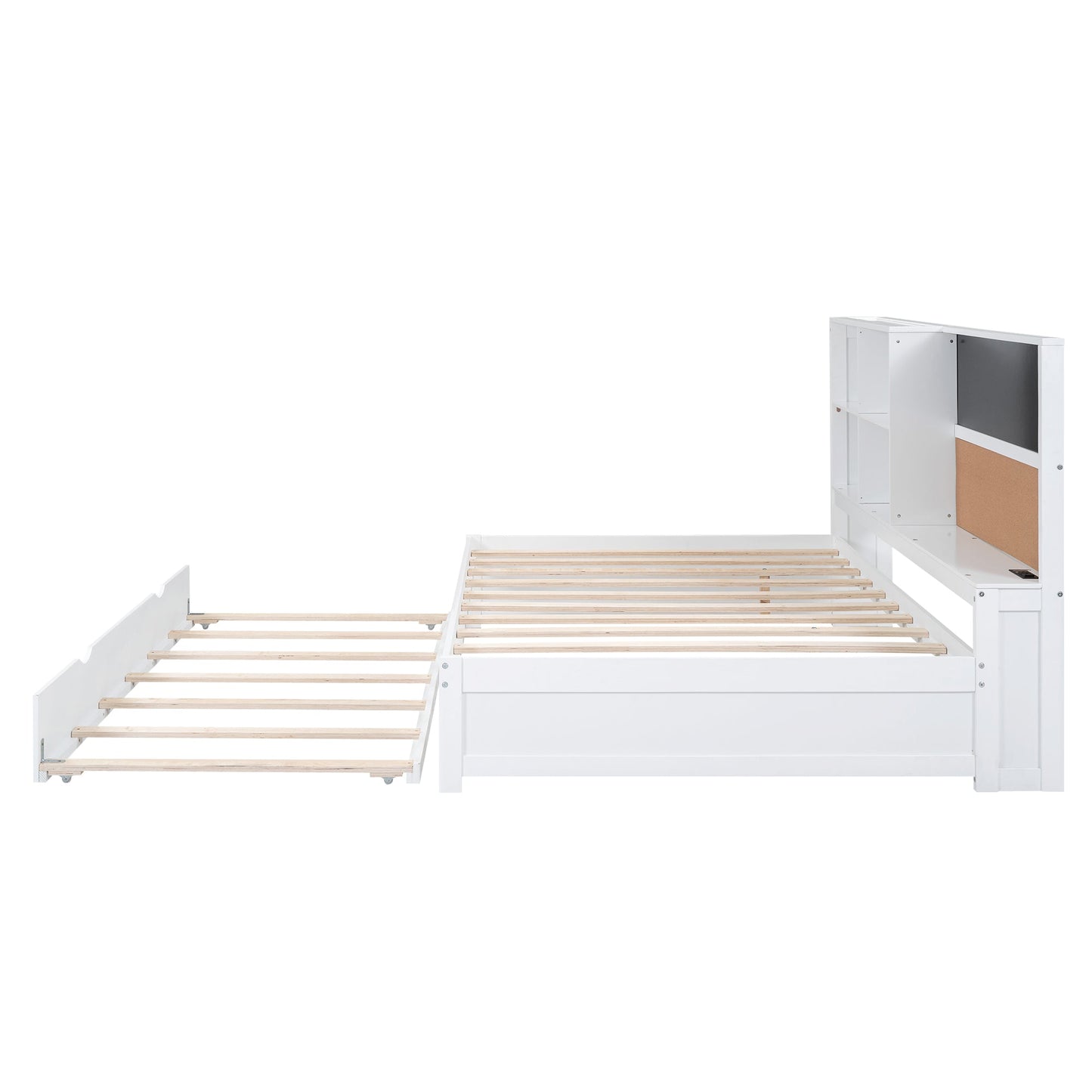 Full Size Daybed with Storage Shelves, Blackboard, Cork board, USB Ports and Twin Size Trundle  White - Korvel
