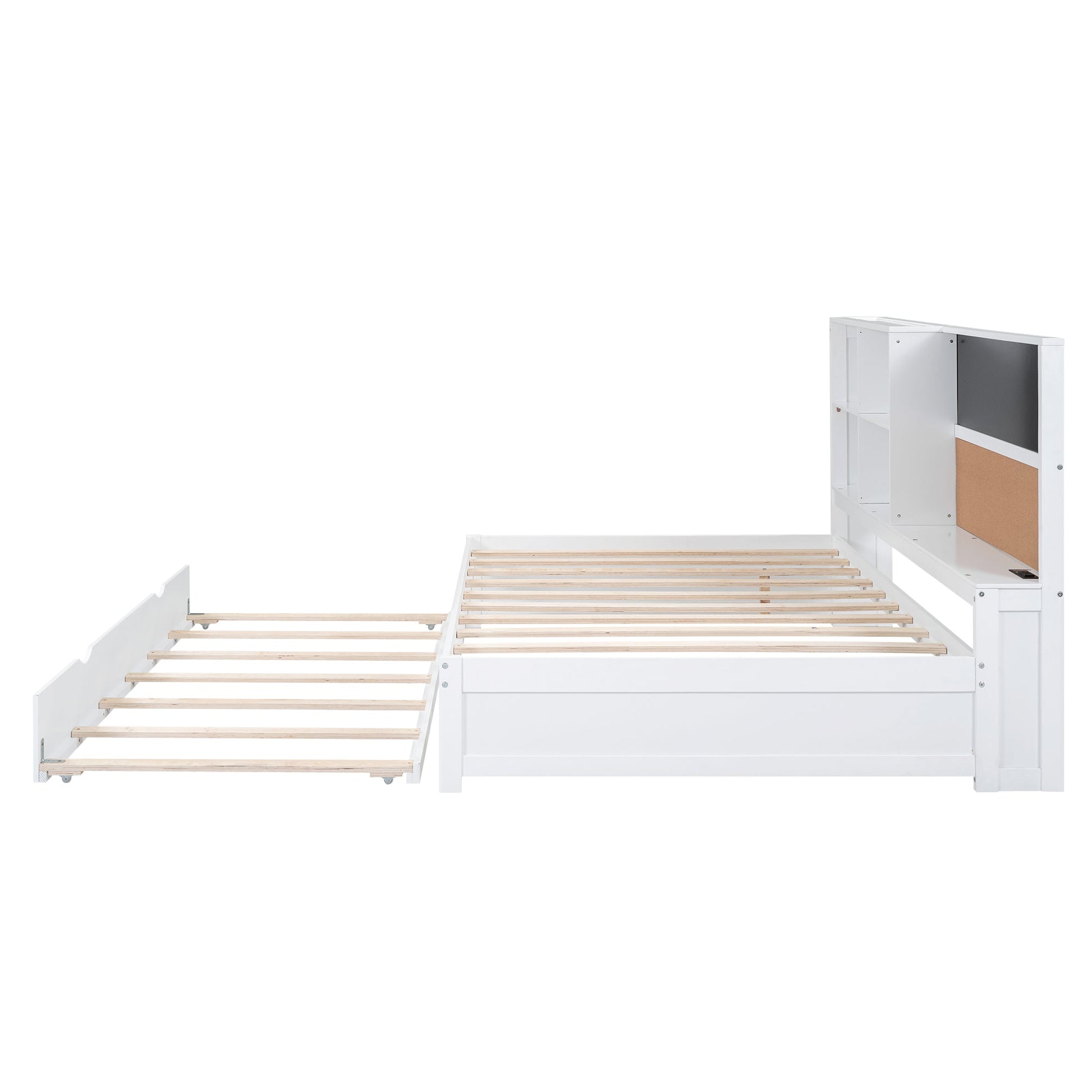 Full Size Daybed with Storage Shelves, Blackboard, Cork board, USB Ports and Twin Size Trundle  White - Korvel