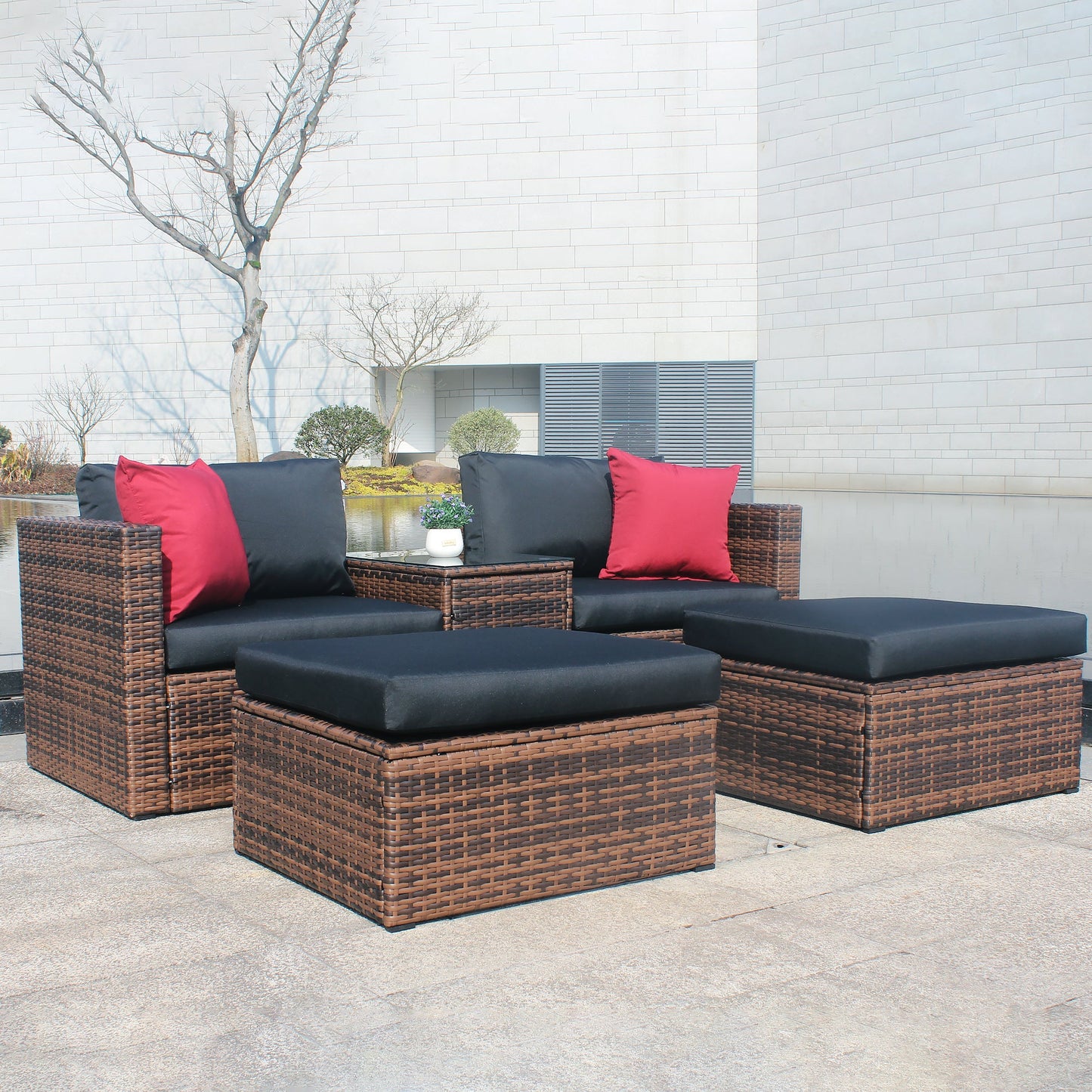 5 Pieces Outdoor Patio Garden Brown Wicker Sectional Conversation Sofa Set - Korvel