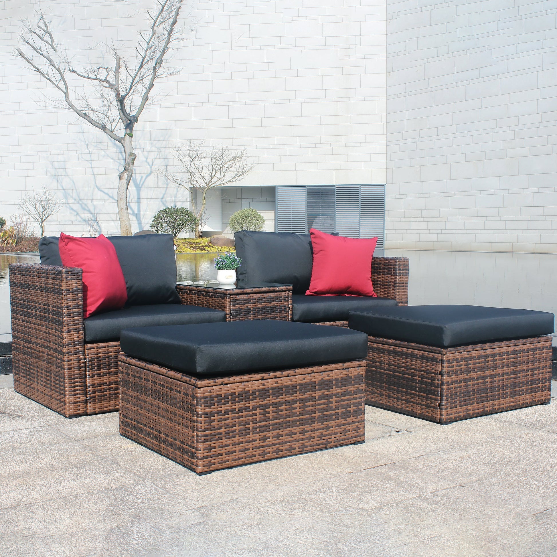 5 Pieces Outdoor Patio Garden Brown Wicker Sectional Conversation Sofa Set - Korvel