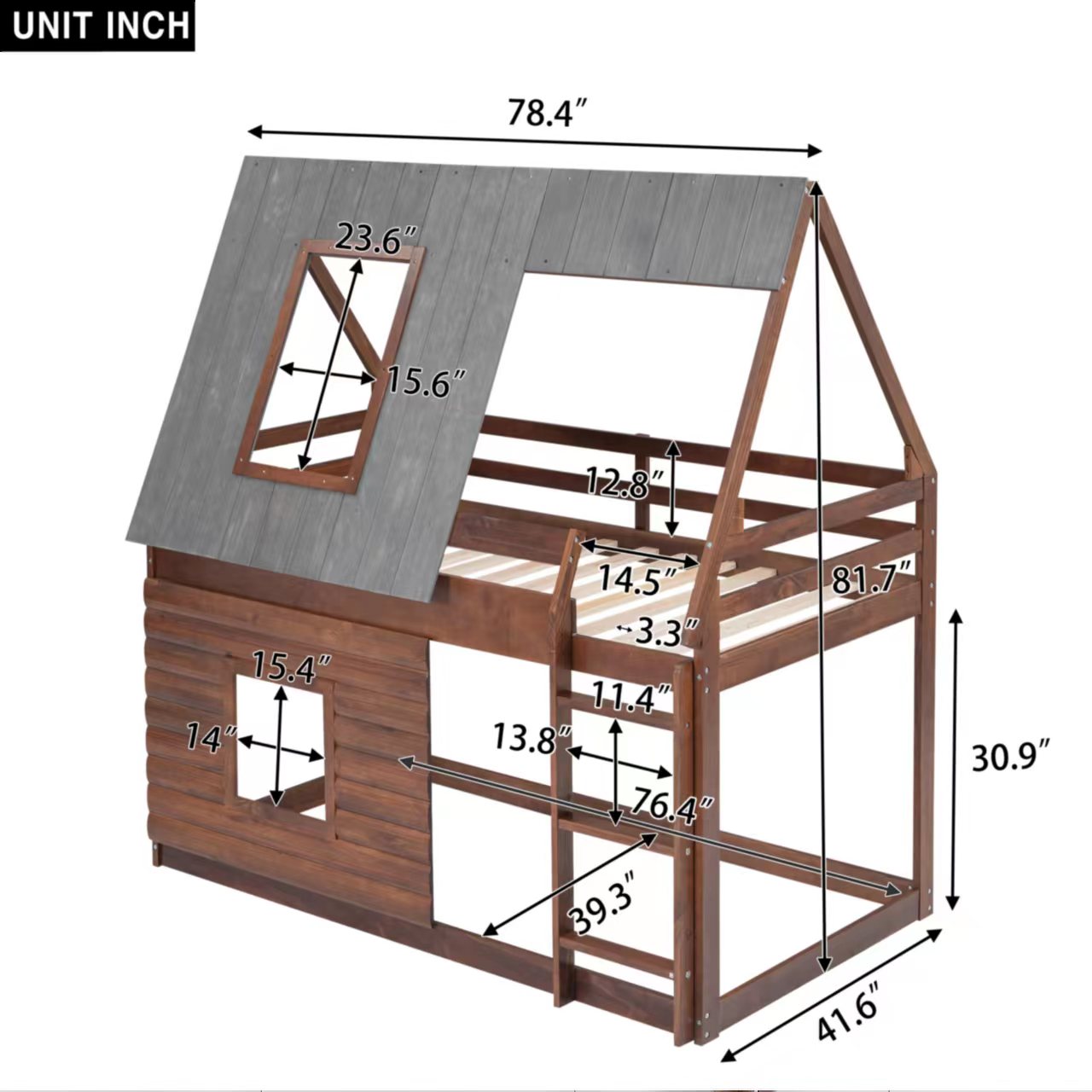 Wood Twin Size House Bunk Bed with Roof, Ladder and 2 Windows, Oak & Smoky Grey - Korvel
