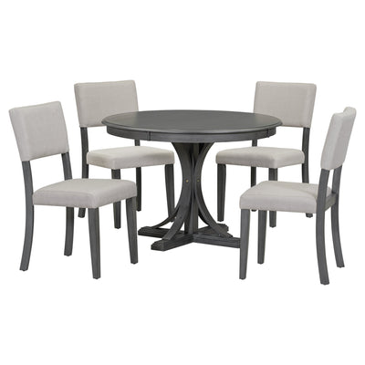 TREXM Five Piece Retro Round Dining Table Set with Curved Brackets and 4 Restaurant Cushioned Chairs (Dark Gray) - Korvel