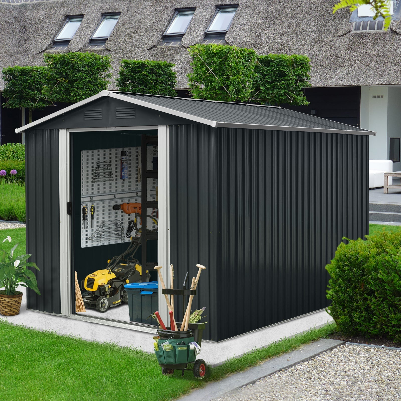 8ft x 10ft Outdoor Metal Storage Shed with Floor Base Black - Korvel