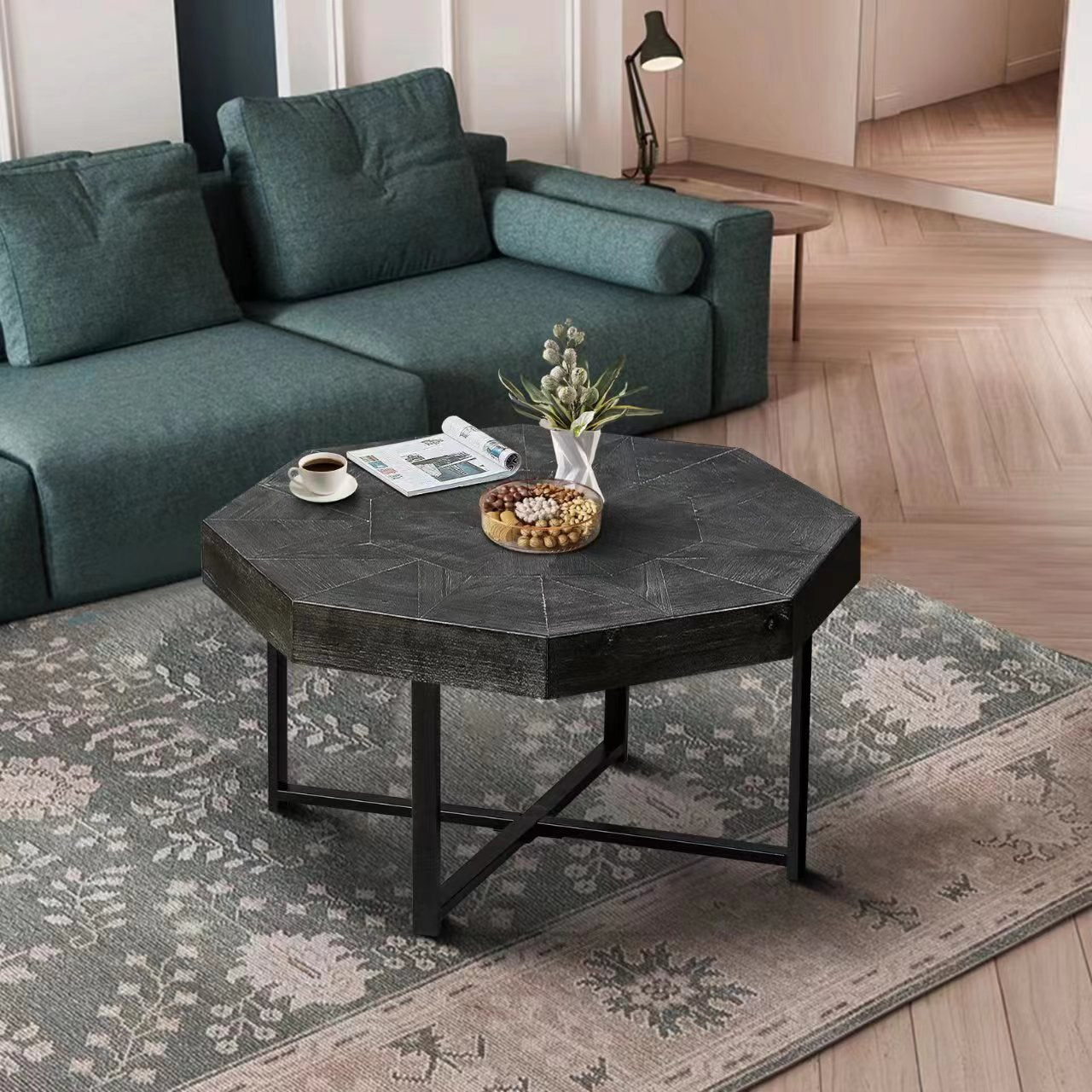 Wooden octagonal retro patchwork craft 30 inch wooden tabletop cross metal leg coffee table (Antique Black) - Korvel