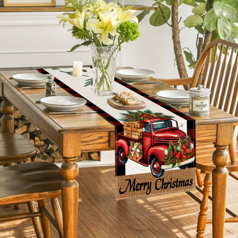 Drapeau de Table Imprimé Voiture Rouge - Nappe en Lin de Noël