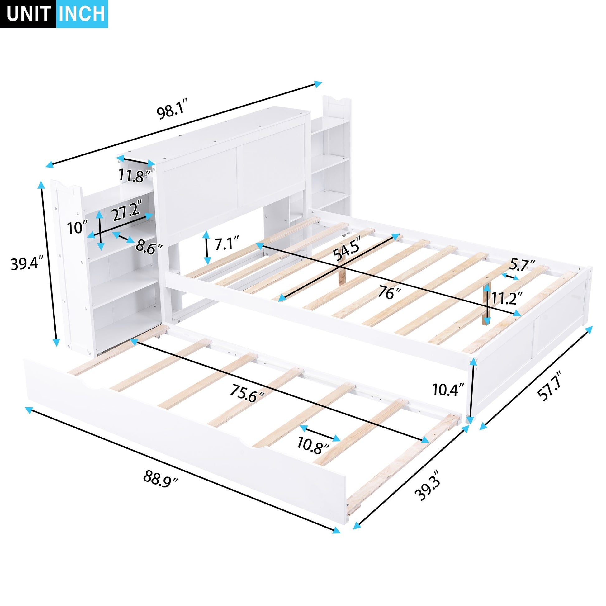 Full Size Storage Platform Bed with Pull Out Shelves and Twin Size Trundle, White - Korvel