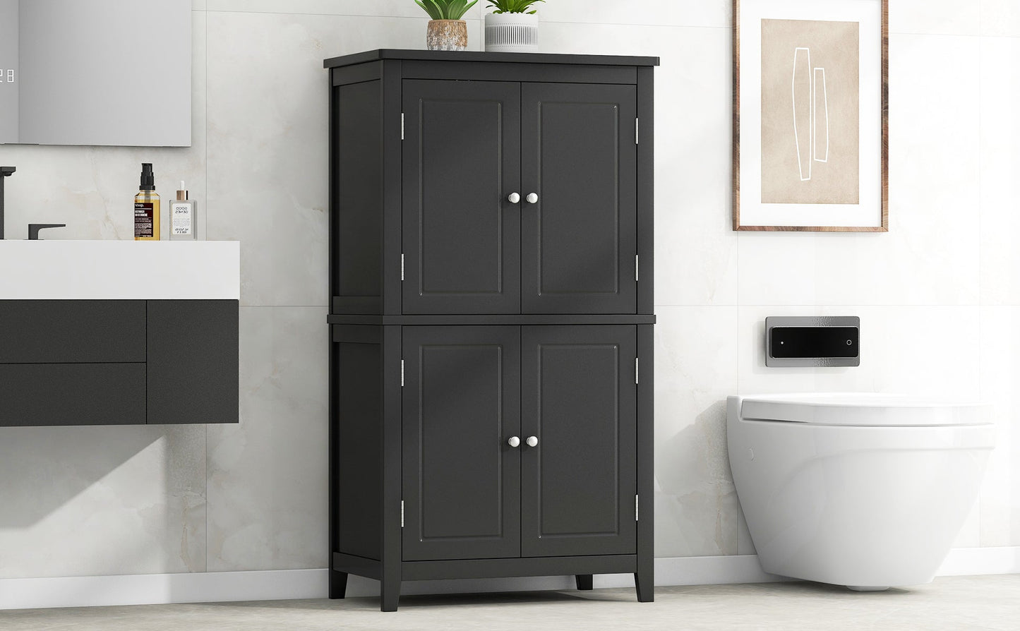 Elegant Black Bathroom Floor Storage Cabinet with Adjustable Shelves