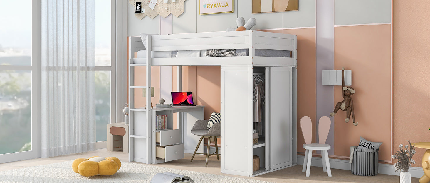 Wood Twin Size Loft Bed with Wardrobes and 2-Drawer Desk with Cabinet  White - Korvel