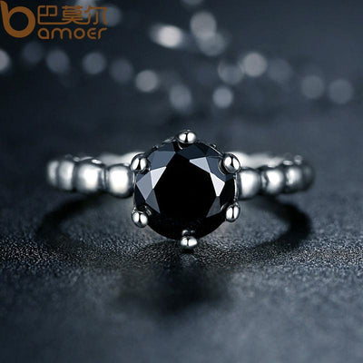 BAMOER Black Cubic Zirconia Finger Ring - Elegant Wedding Jewelry