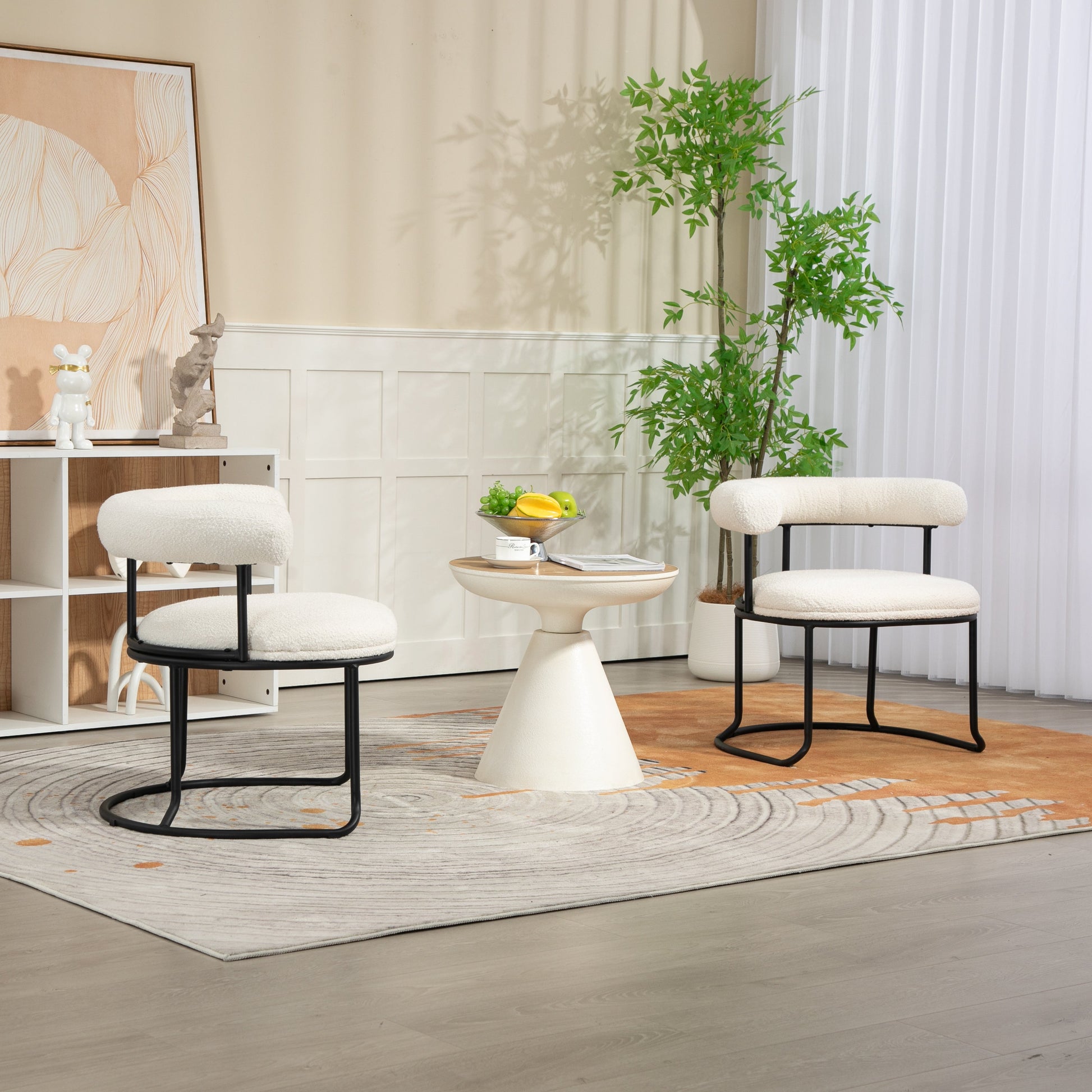 COOLCOOL Boucle dining chair set of two, medieval modern curved backrest chair, round cushion (beige Boucle) - Korvel