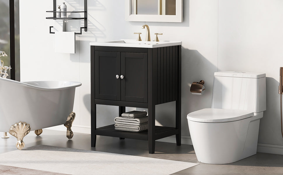 Meuble de salle de bain moderne noir de 24" avec évier en céramique élégant
