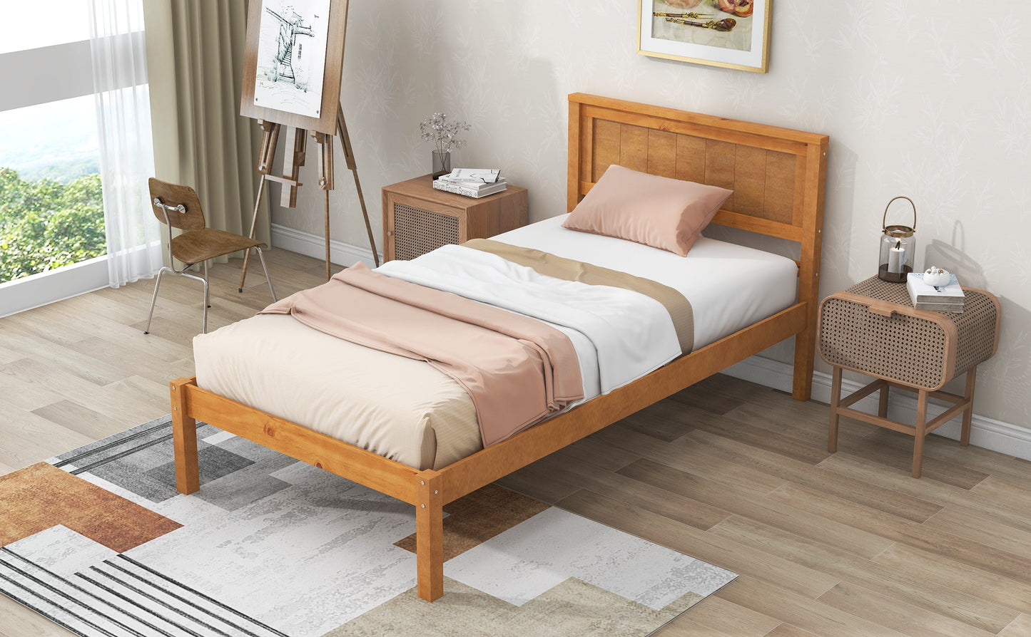 Elegant Twin Platform Bed Frame with Headboard - Oak Finish