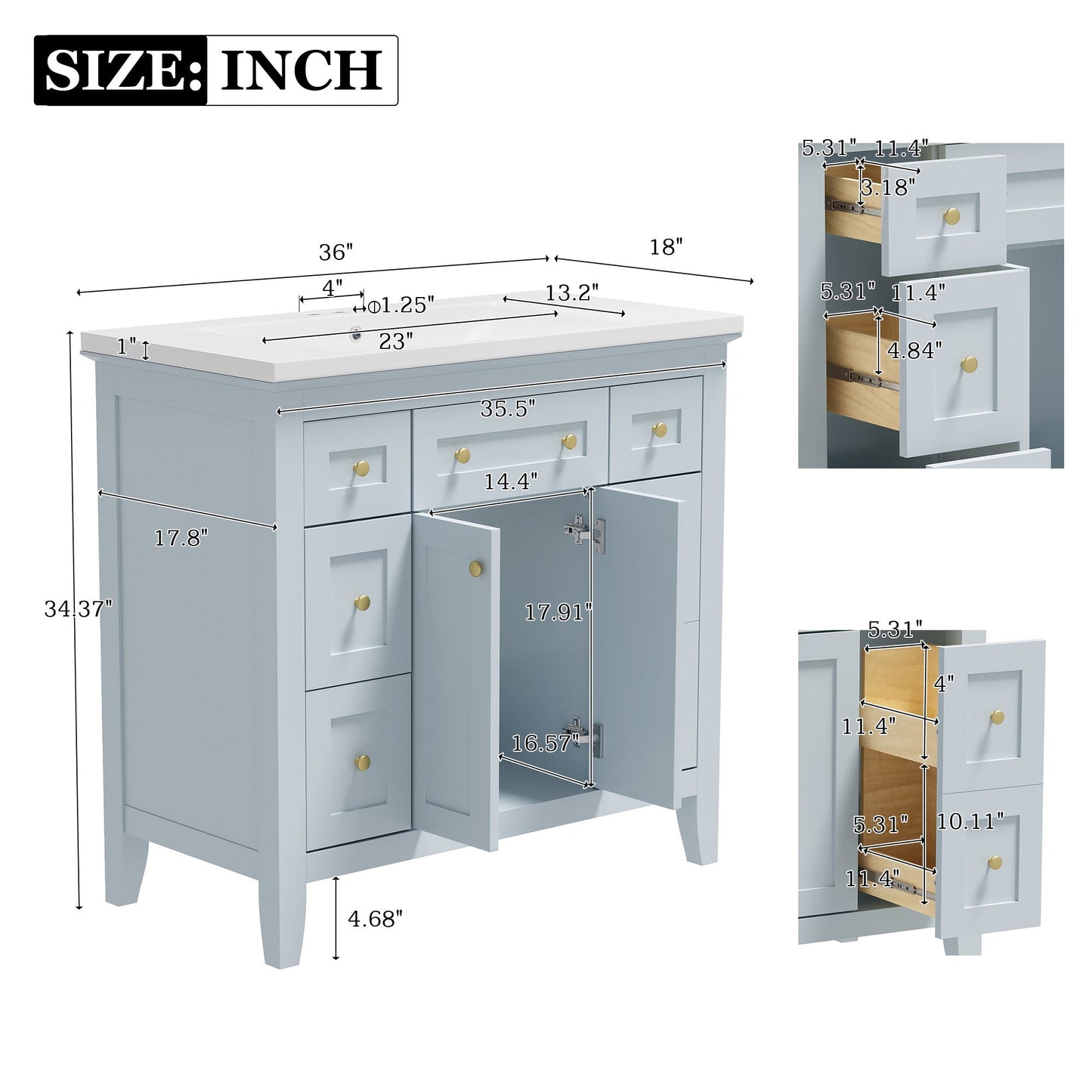 Meuble de salle de bain bleu clair de 36" avec évier en résine et rangement