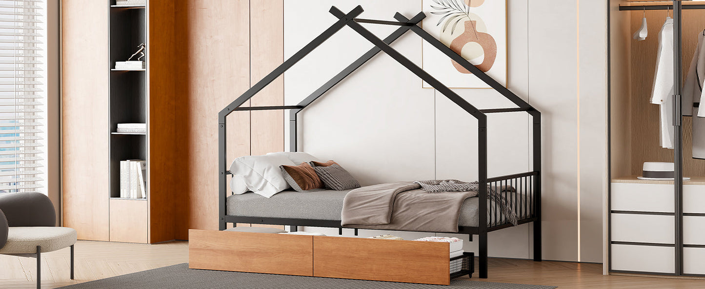 Twin Size Metal House Bed with Two Drawers - Black