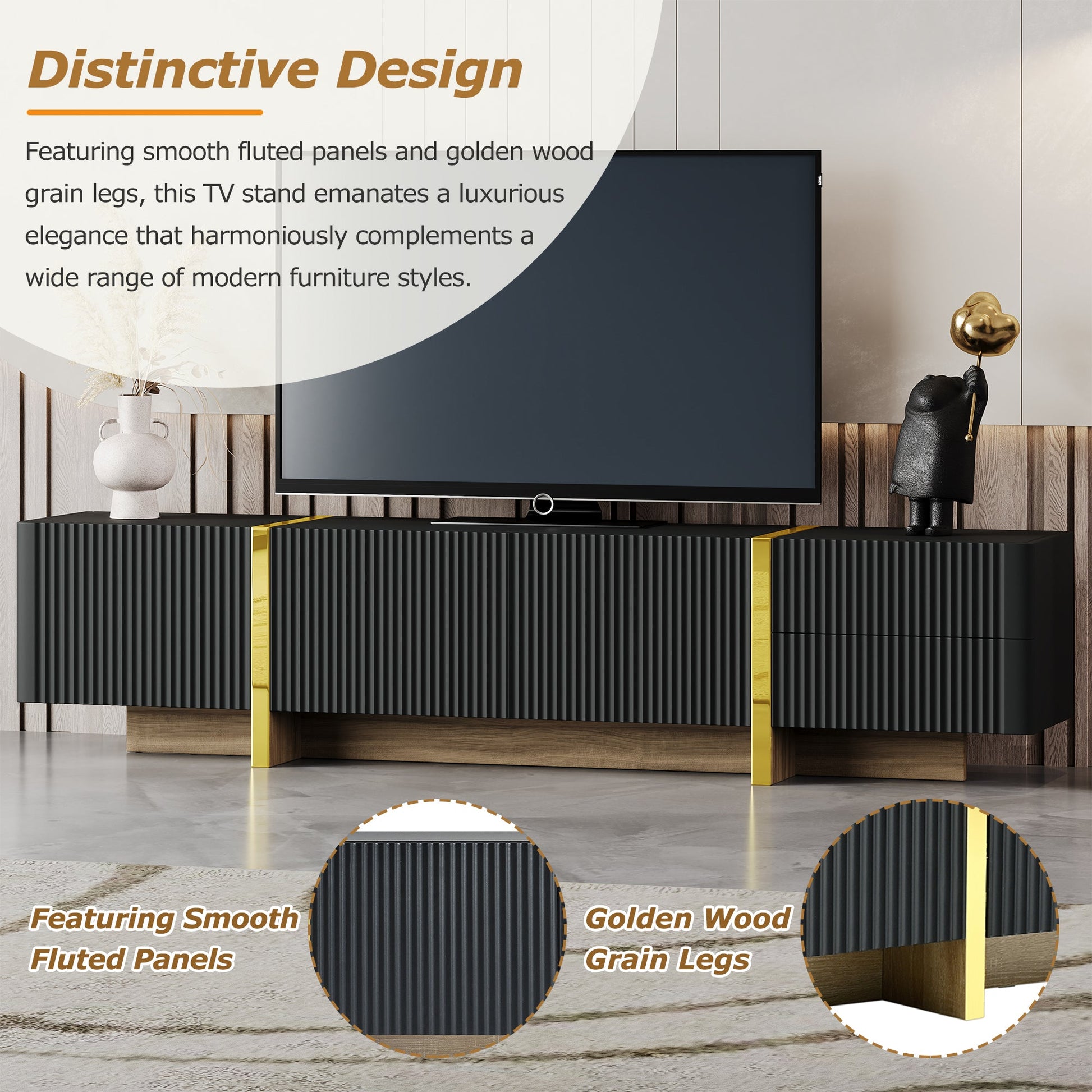 Luxury Fluted TV Stand for TVs Up to 80'', Modern Entertainment Center with Storage Cabinets & Drawers Black - Korvel