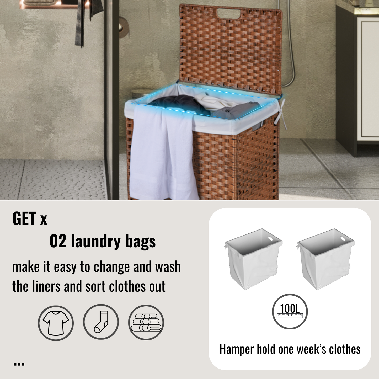 Laundry Hamper With Lid PE Rattan Powder Coating Frame Clothes Hampers with 02 Removable Bags, 100L, Brown Color - Korvel