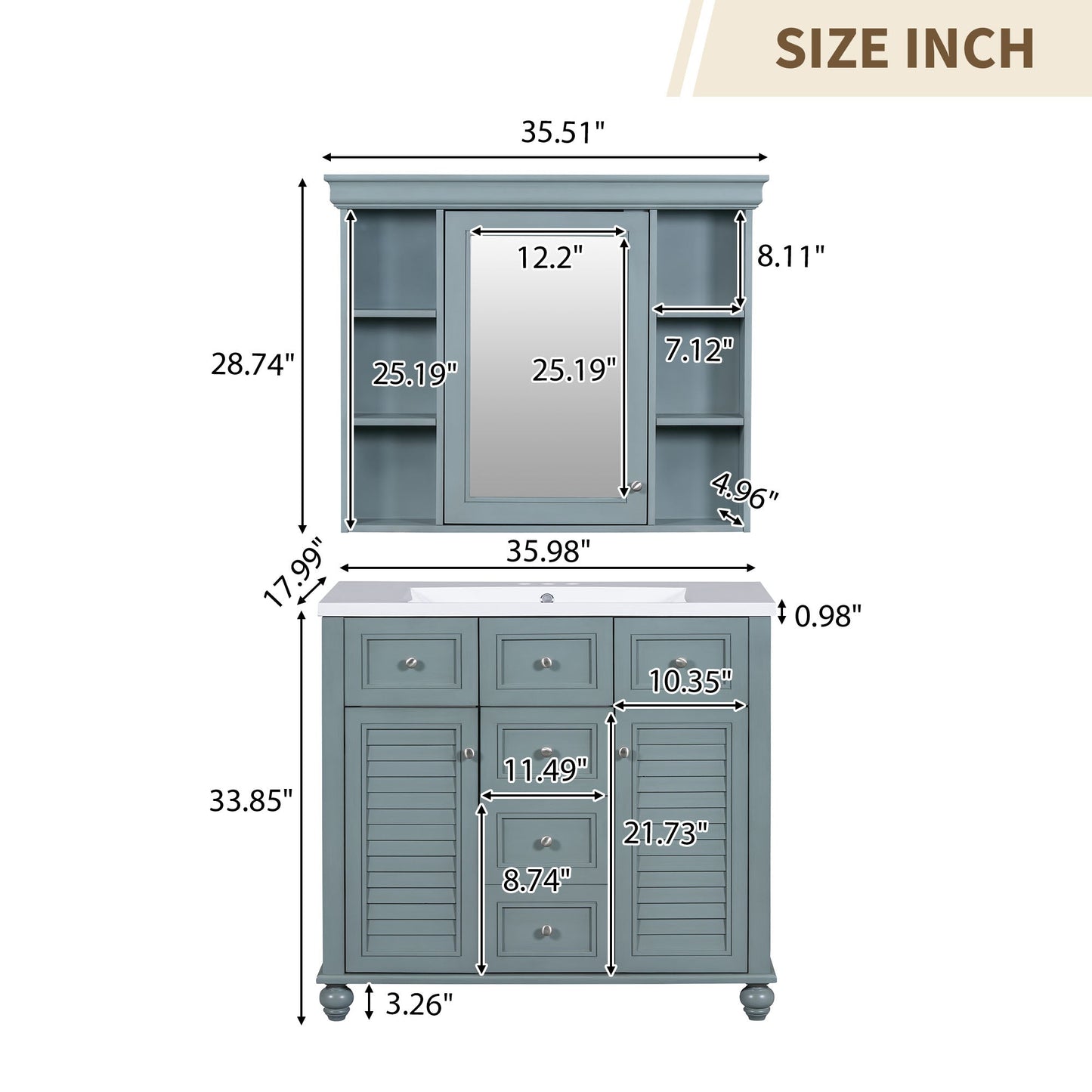 36 inch modern mirror cabinet with adjustable shelves, 2 soft closing doors, and 6 drawer storage cabinet door organizers - Korvel