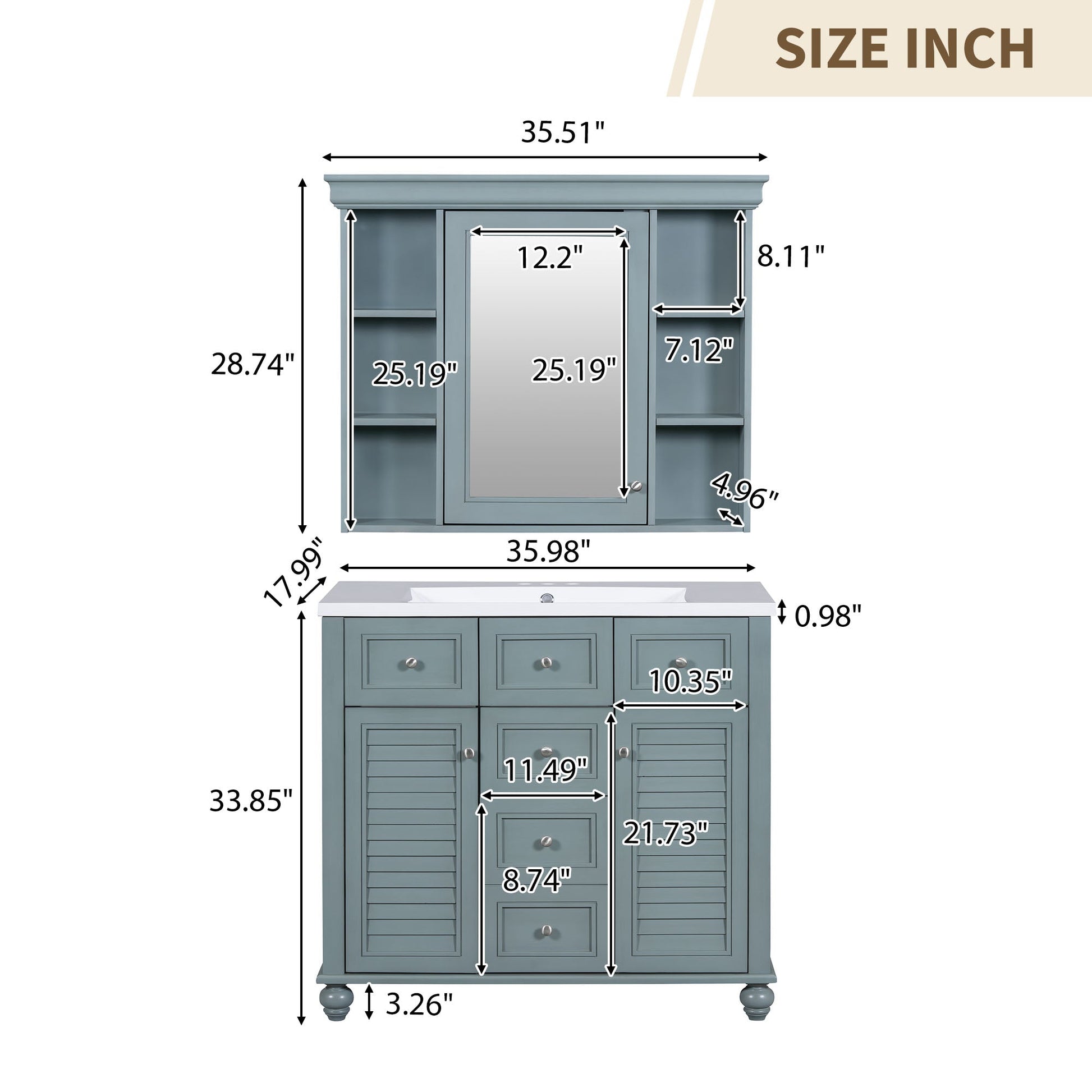 36 inch modern mirror cabinet with adjustable shelves, 2 soft closing doors, and 6 drawer storage cabinet door organizers - Korvel