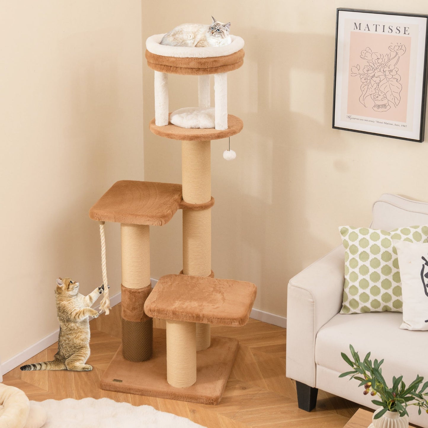 65-Inch Tall Cat Tree with Self-Groomer & Removable Bed - Coffee