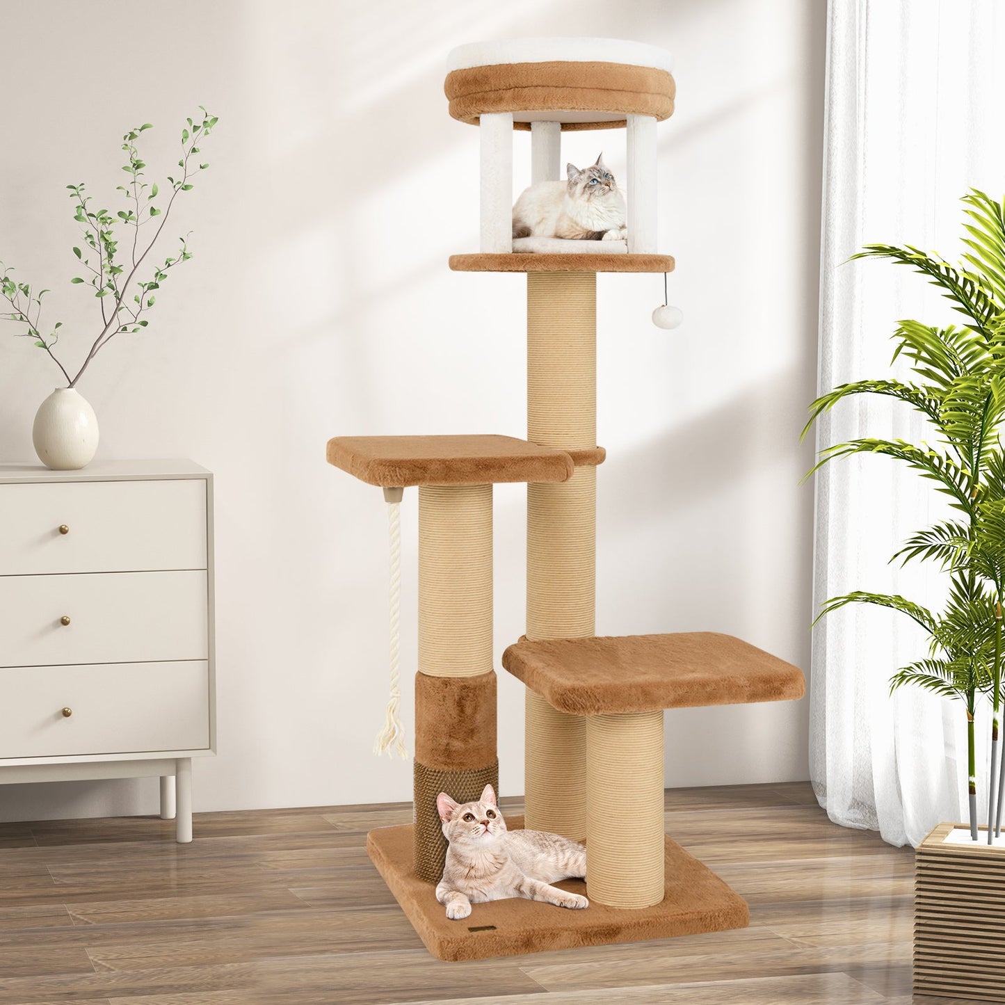 65-Inch Tall Cat Tree with Self-Groomer & Removable Bed - Coffee