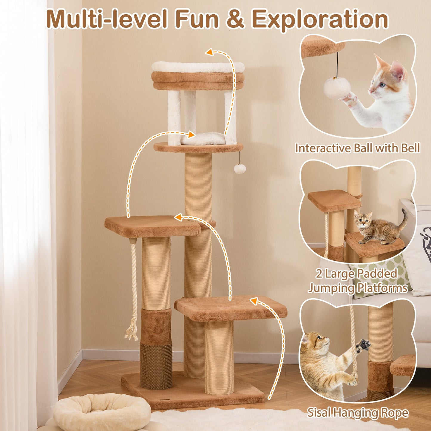 65-Inch Tall Cat Tree with Self-Groomer & Removable Bed - Coffee