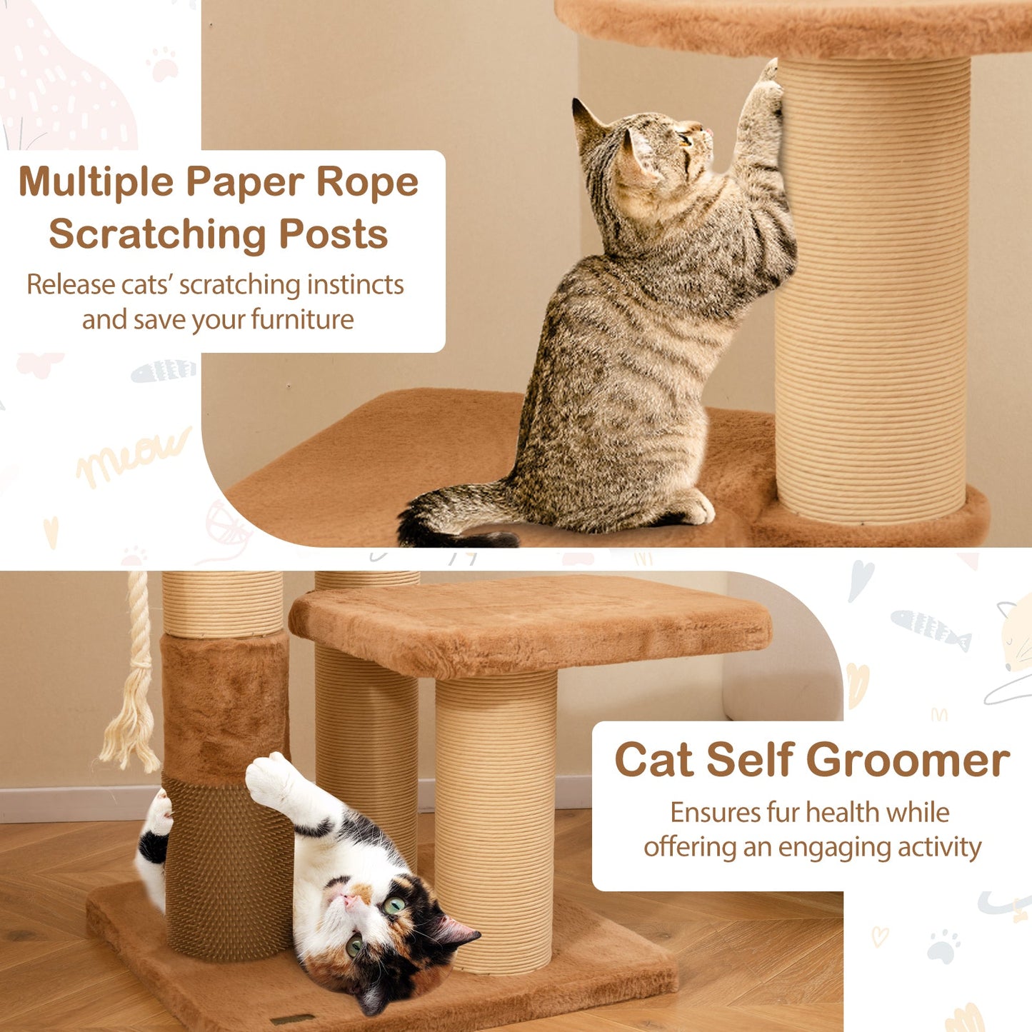 65-Inch Tall Cat Tree with Self-Groomer & Removable Bed - Coffee