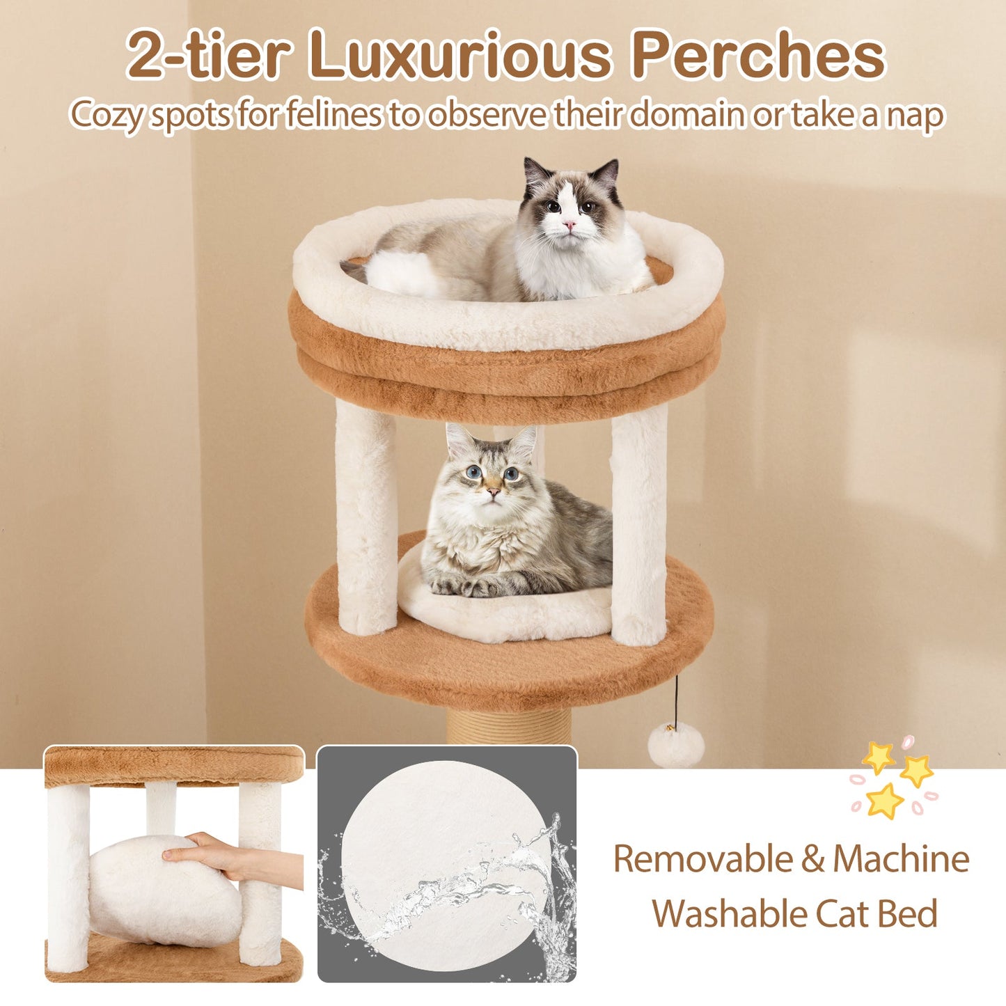 65-Inch Tall Cat Tree with Self-Groomer & Removable Bed - Coffee