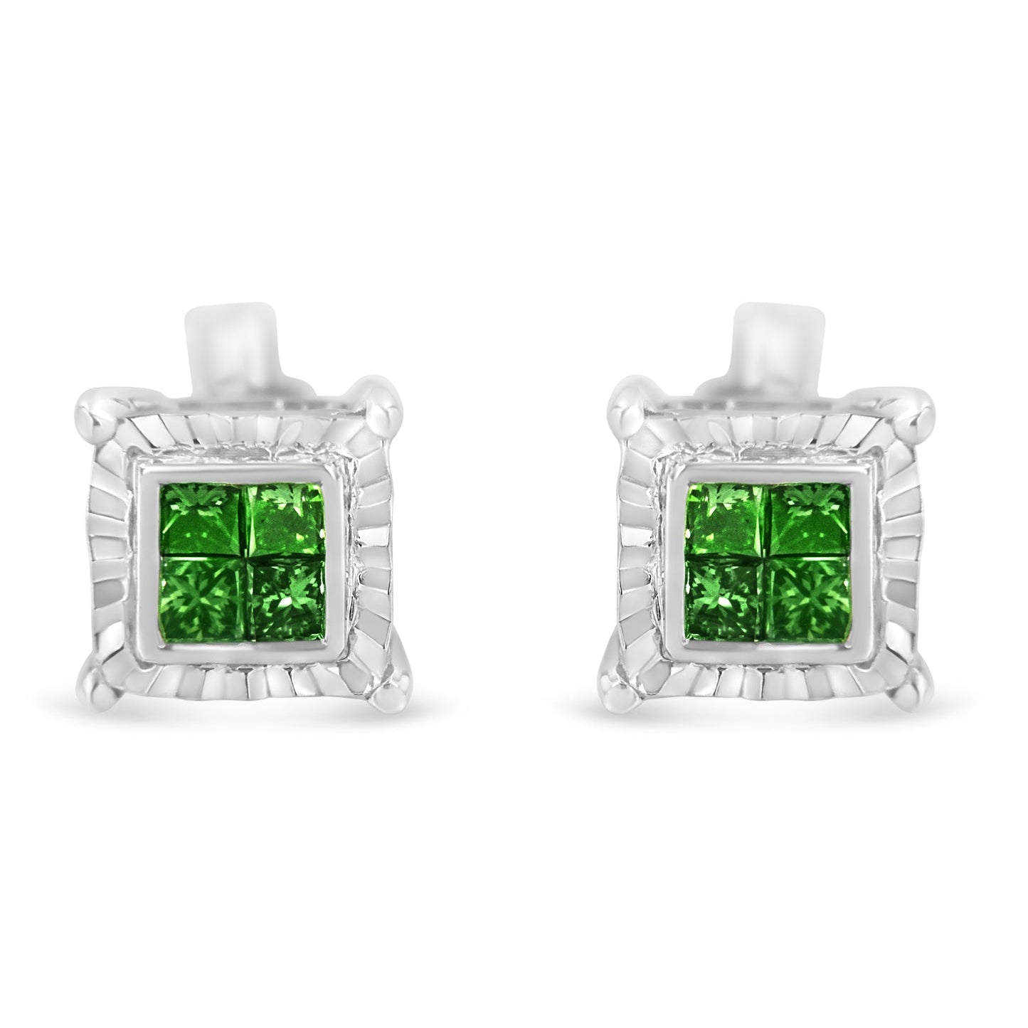 Sterling Silver Green Princess Diamond Quad Stud Earrings