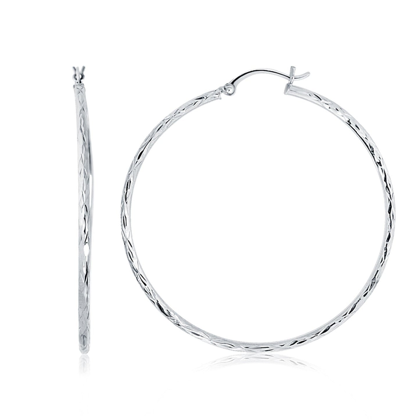 14k White Gold Diamond Cut Hoop Earrings - 1 3/4 Inch