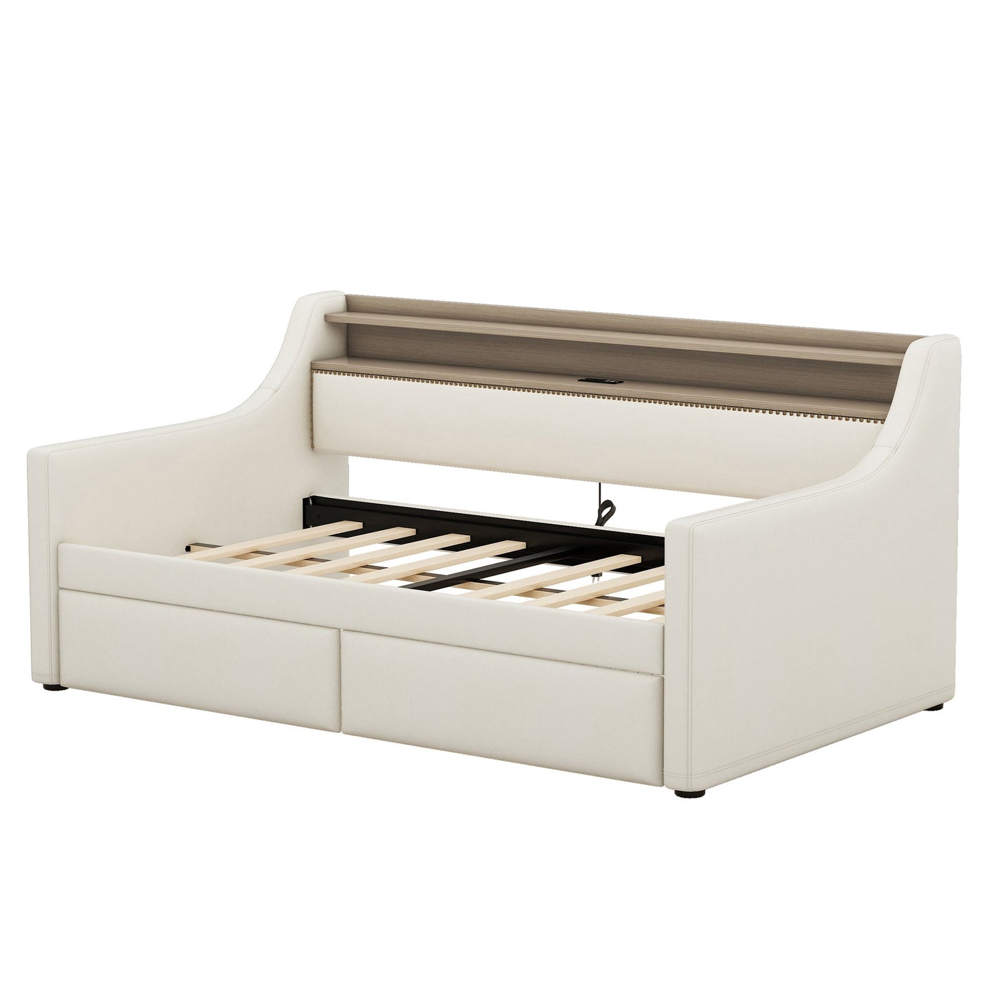 Twin Size Daybed with Storage Drawers, Upholstered Daybed with Charging Station and LED Lights, Beige - Korvel