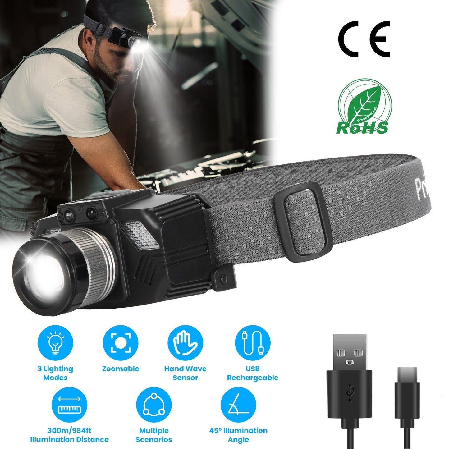 Lampe frontale LED à capteur de mouvement Gbruno - Étanche et zoomable