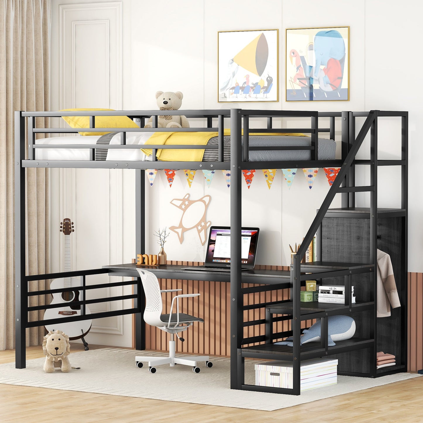 Cama loft de metal de tamaño completo con escritorio y opciones de almacenamiento